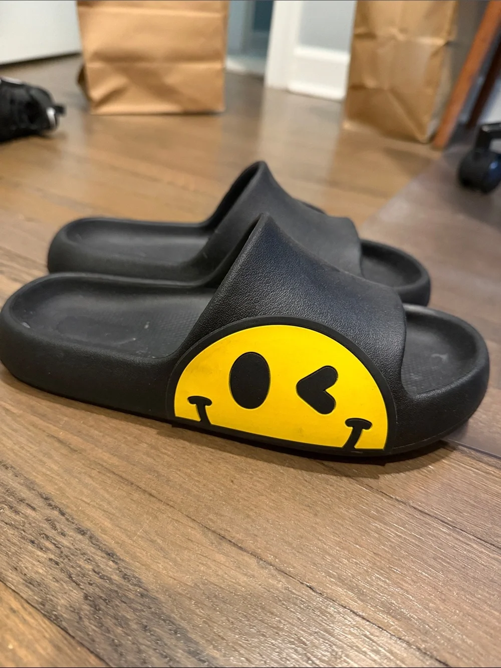 Kids Black Slide Sandals with Yellow Winking Smiley